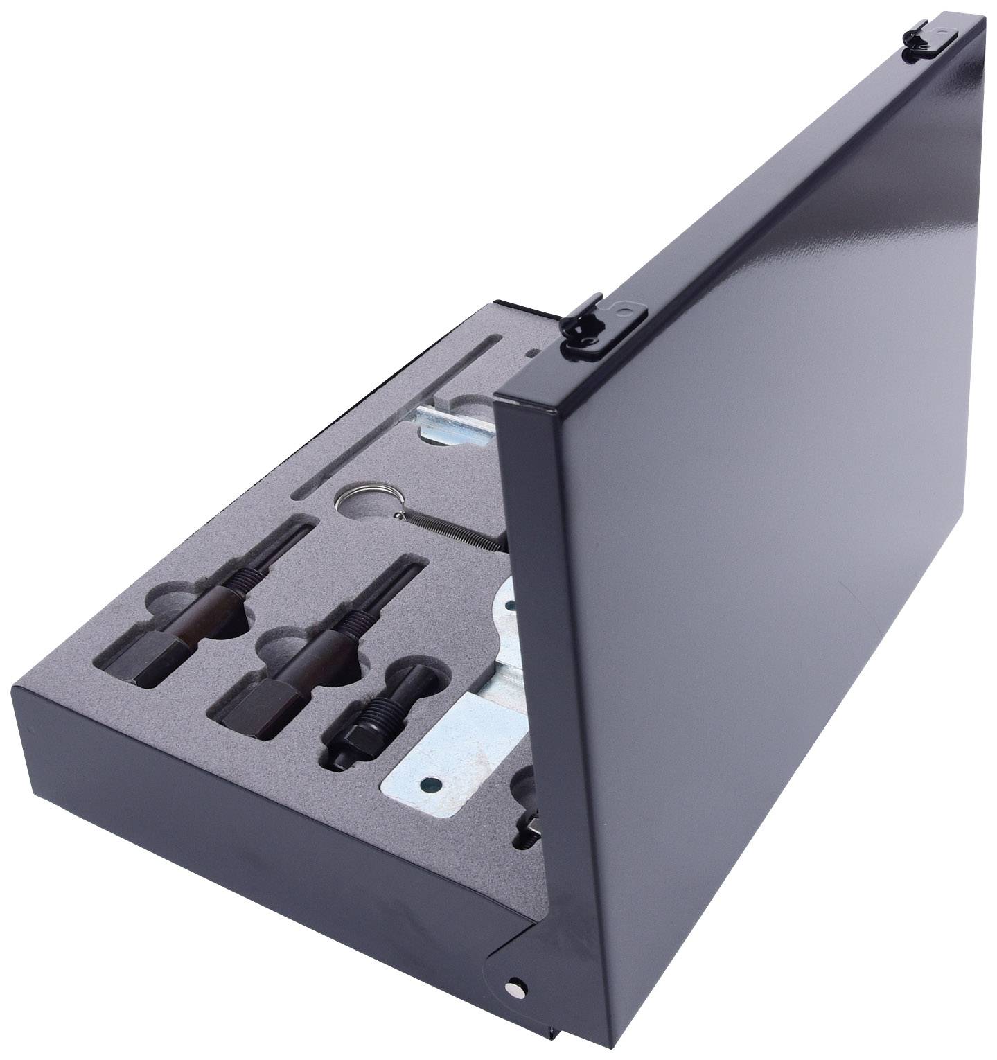 Zestaw narzędzi w czarnej walizce z wieloma przegródkami, które bezpiecznie przechowują różne narzędzia metalowe i plastikowe.