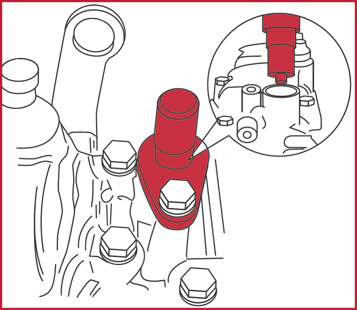 Ilustracja przedstawia fragment silnika z wyróżnioną czerwoną częścią oraz powiększeniem, które wyjaśnia pozycję montażową.