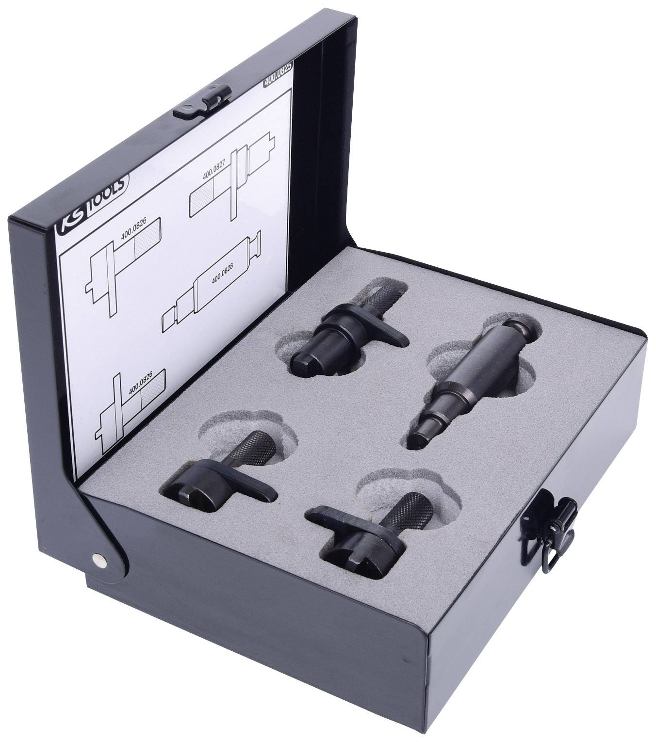 Czarny kufer z wyściółką piankową zawiera precyzyjnie ukształtowane narzędzia metalowe. Diagram na pokrywie przedstawia instrukcje montażowe.