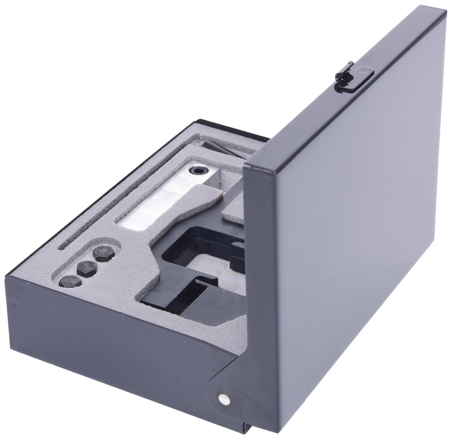 Otwarte, czarne pudełko z wyściółką z pianki, zawierające wycięcia na różne narzędzia lub uchwyty na urządzenia.