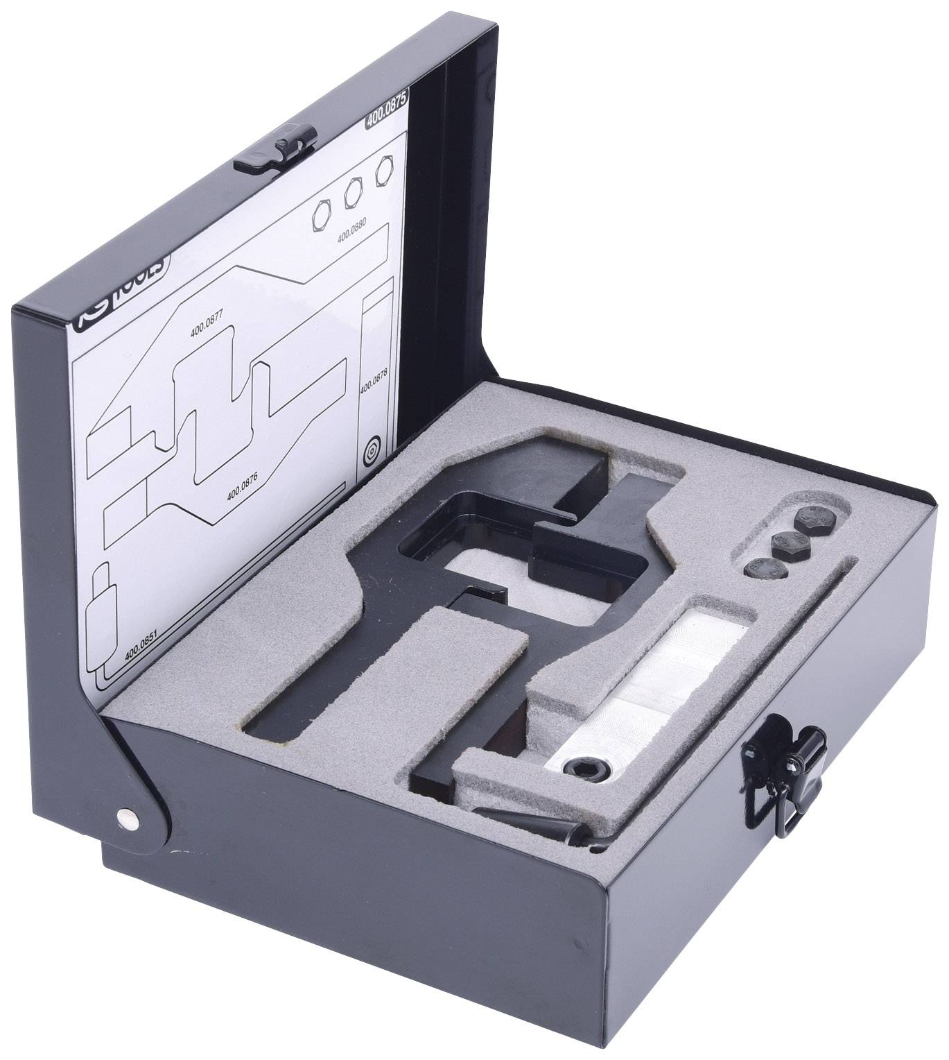 Czarna otwarta skrzynka z wkładkami piankowanymi do bezpiecznego przechowywania narzędzi oraz planem umieszczonym na wewnętrznej stronie pokrywy.