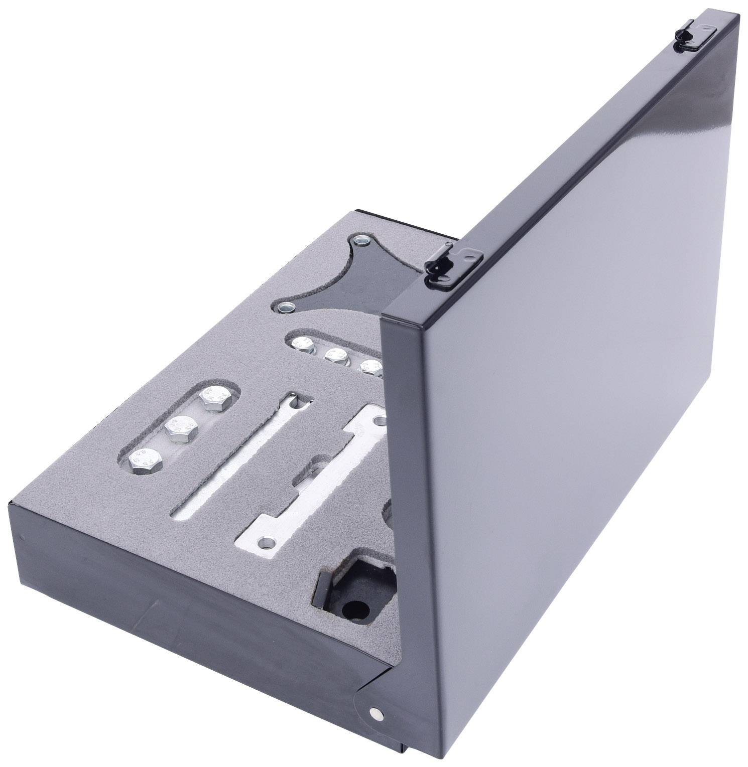 Szare metalowe pudełko lakierowane z wkładką piankową, która bezpiecznie przytrzymuje różne śruby i metalowe elementy.