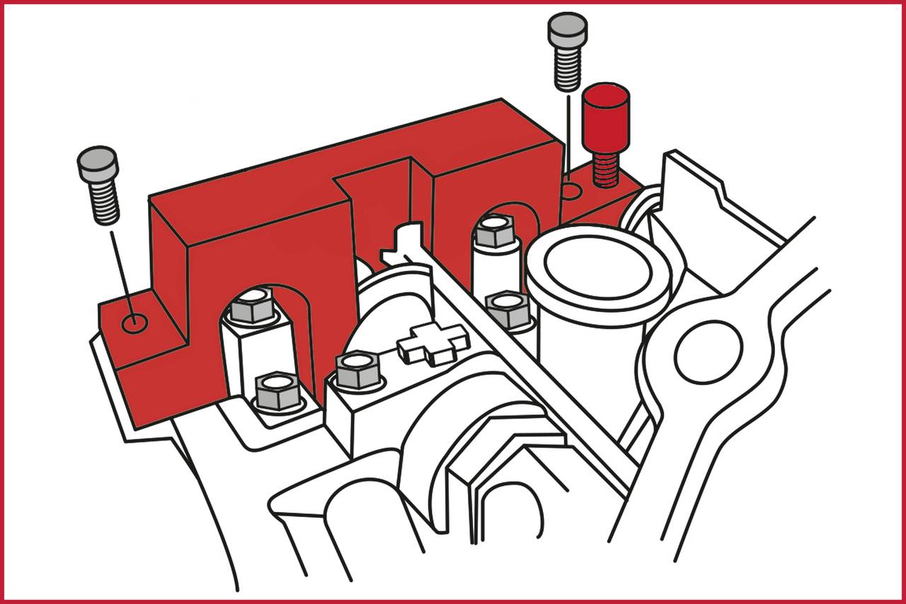 Rysunek przedstawia szczegółowy rysunek techniczny elementu silnika z częściami wyróżnionymi na czerwono oraz śrubami mocującymi.