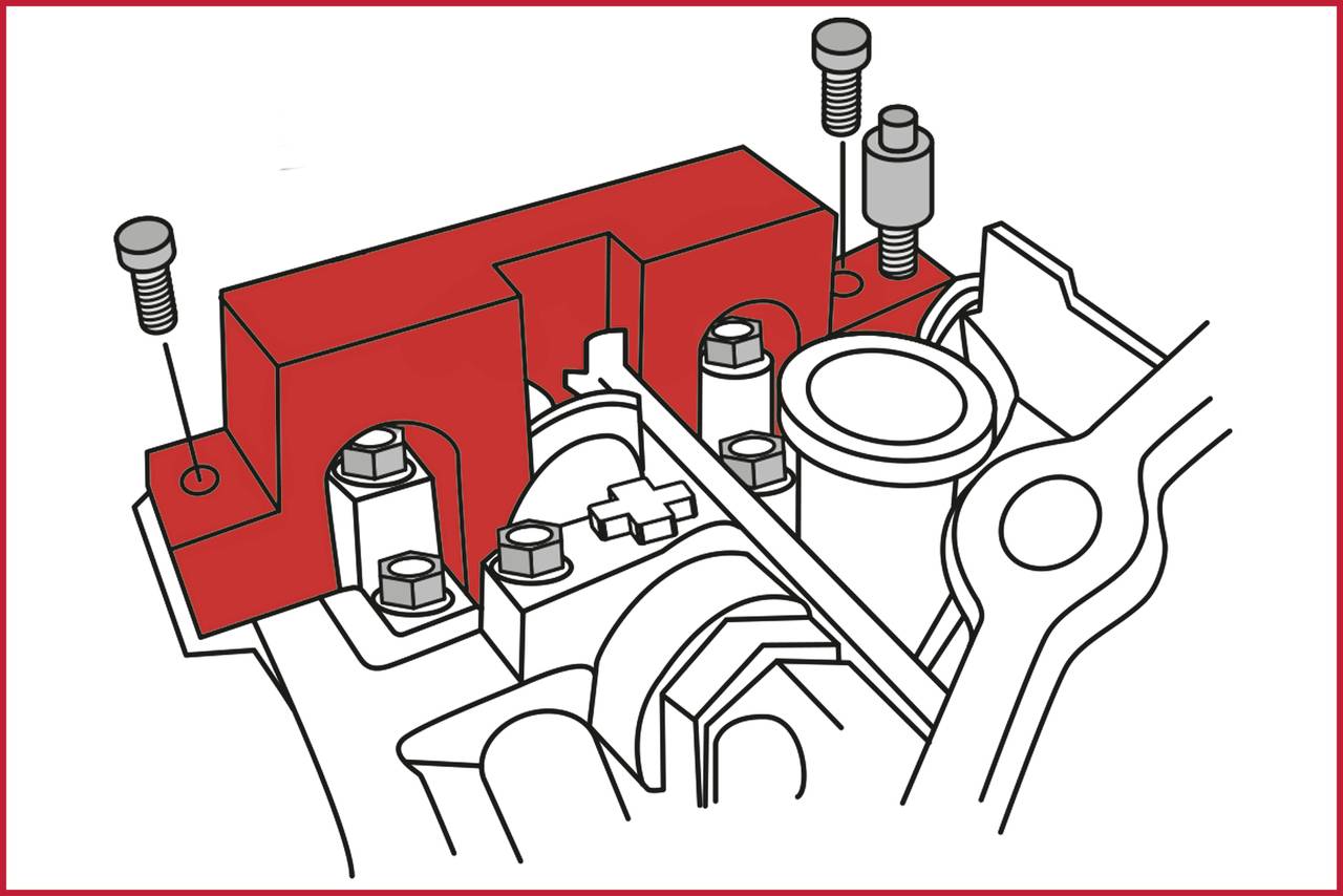 Schemat bloku silnika z wyróżnionymi, czerwono zaznaczonymi elementami i różnymi przymocowanymi śrubami.