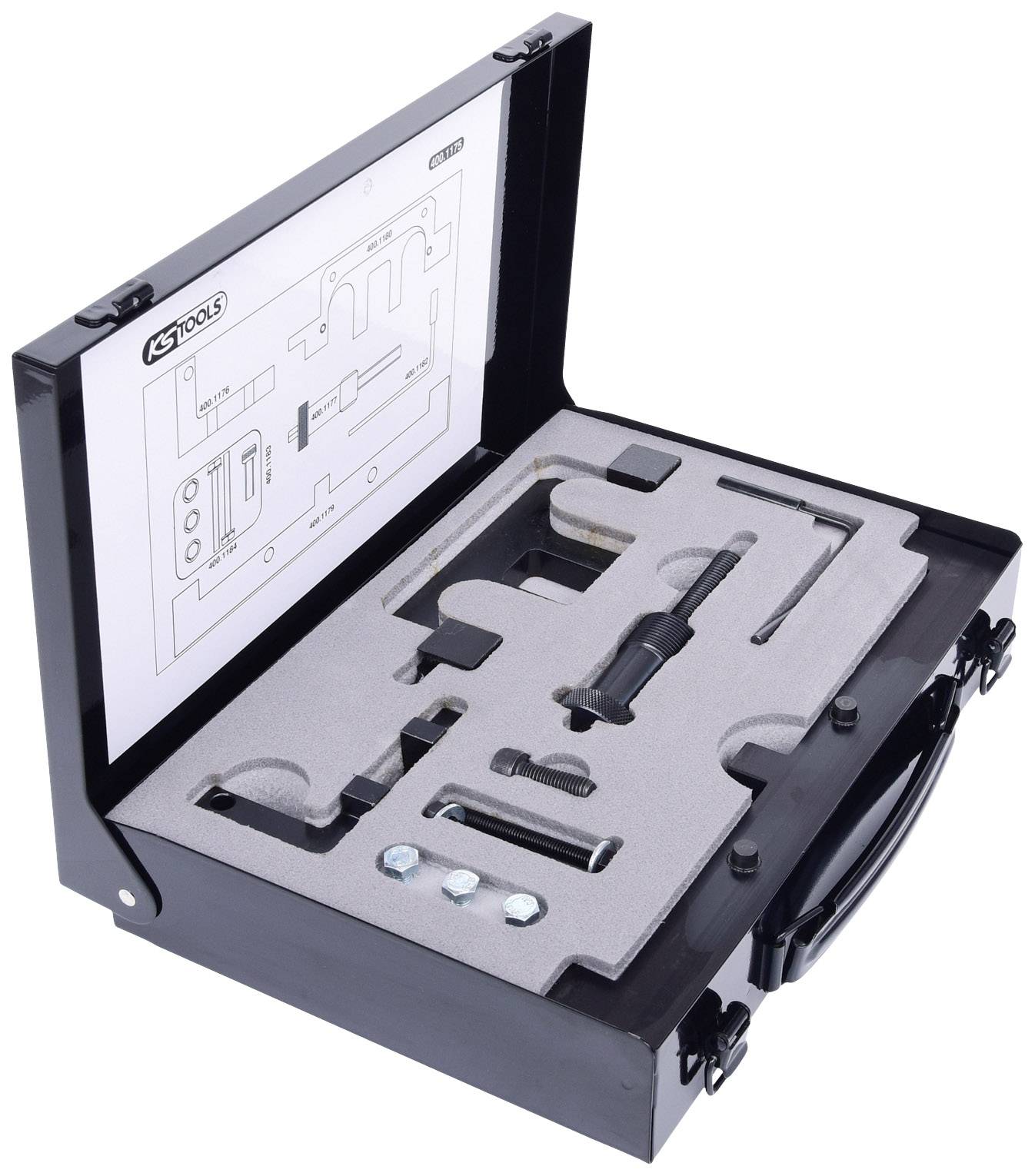 'Walizka narzędziowa z indywidualnie wyprofilowanymi przegródkami zawiera śruby, sworznie i szablon w pokrywie do rozmieszczania narzędzi.'