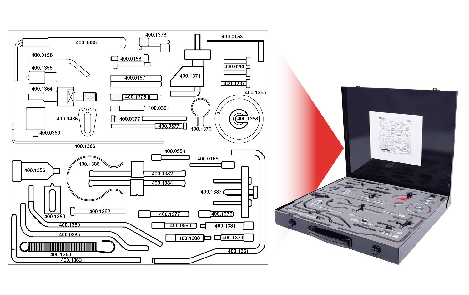 Skrzynka narzędziowa z widokiem otwartym: Różnorodne narzędzia w indywidualnie ukształtowanych przegródkach, oznaczone numerami części.