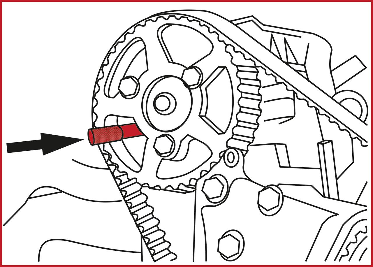 Diagram przedstawia montaż wału pompy olejowej w kole zębatym ze strzałką wskazującą prawidłowe ustawienie pozycji.