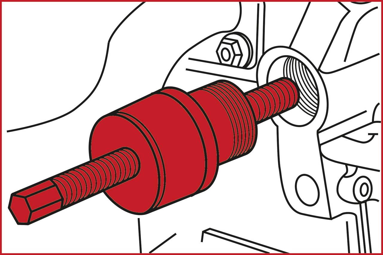 Ilustracja techniczna przedstawia narzędzie z czerwoną śrubą gwintowaną, wprowadzaną do metalowej obudowy, prawdopodobnie w celu naprawy lub konserwacji.
