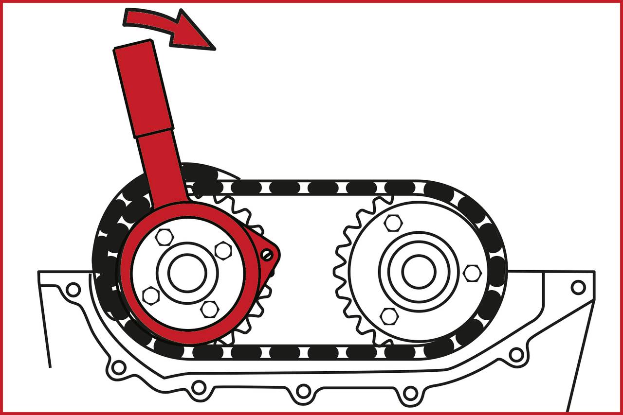 Diagram paska rozrządu w silniku. Dwa koła zębate połączone paskiem; czerwona strzałka wskazuje na lewe koło, pokazując ruch.