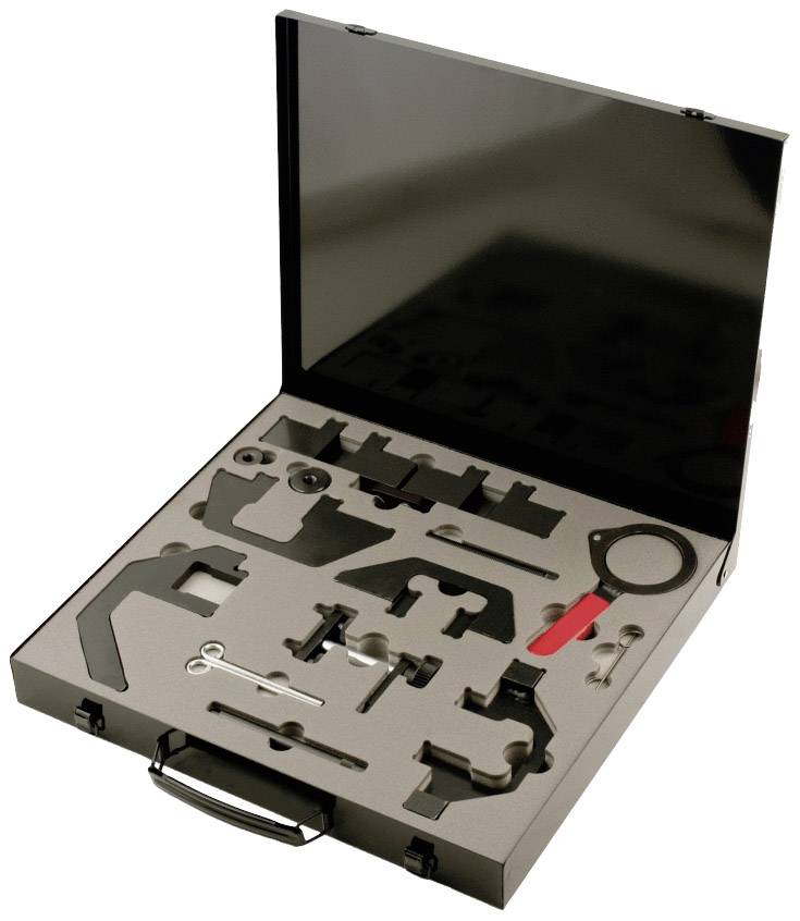 Skrzynka narzędziowa z różnymi narzędziami mechanika w wyściółce z pianki.