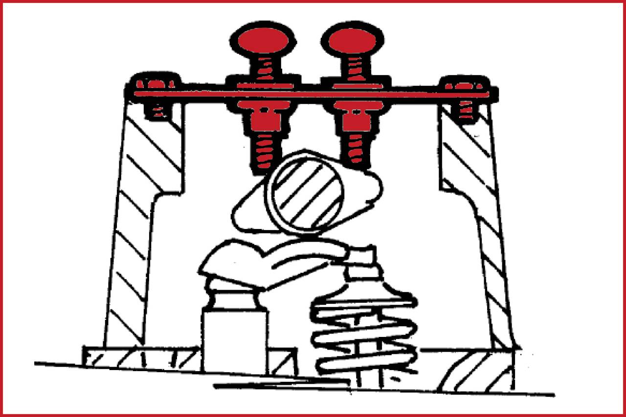 Rysunek elektrycznego przełącznika z trzema czerwonymi przyciskami i mechanizmem sprężynowym poniżej.