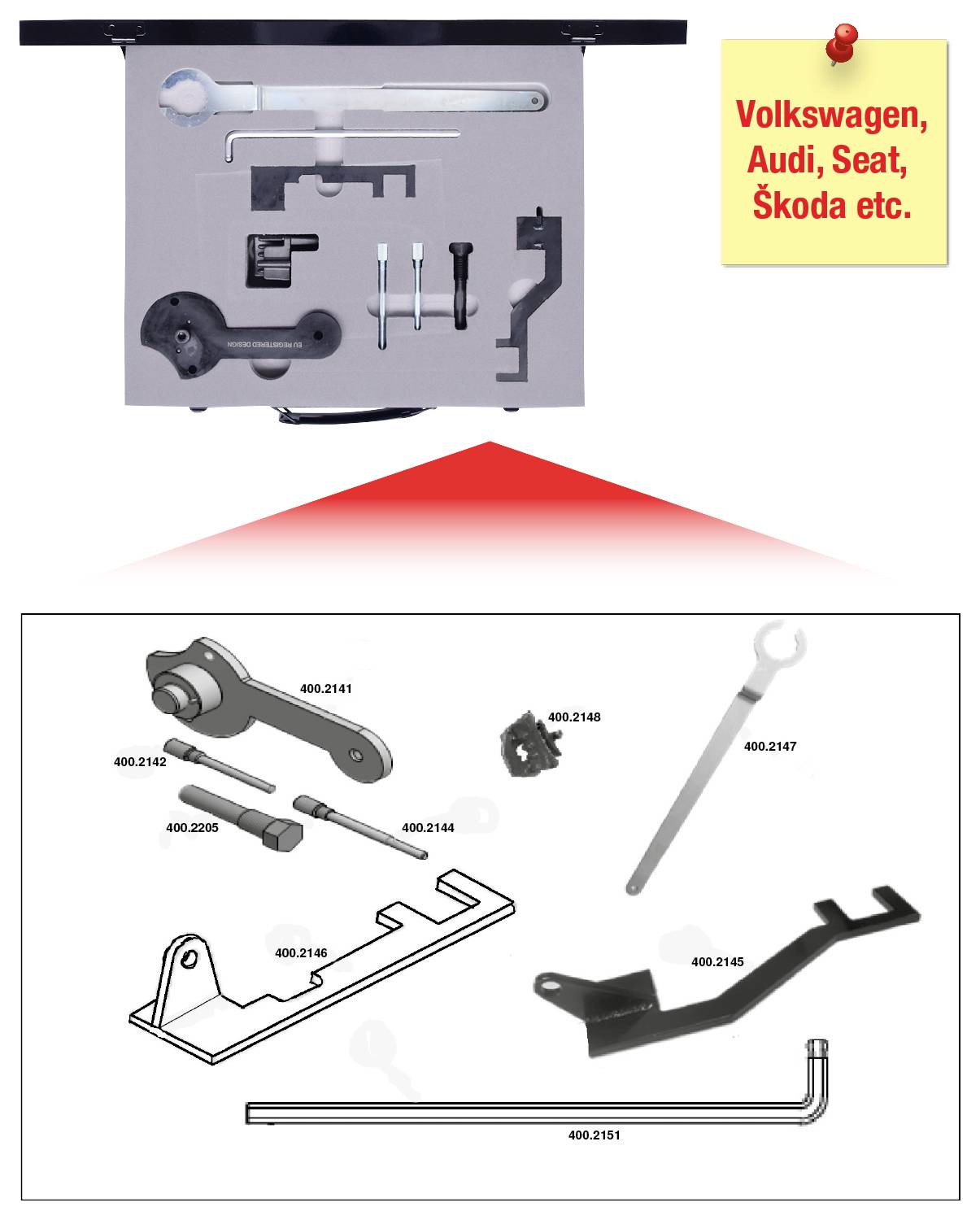 Zestaw narzędzi do Volkswagena, Audi, Seata, Škody przedstawiony. Na górze pudełko z narzędziami, na dole schematyczne przedstawienie części.