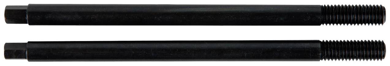 Dwie czarne metalowe pręty z sześciokątnymi końcówkami, gładkie u góry i gwintowane u dołu, służące do mocowania.