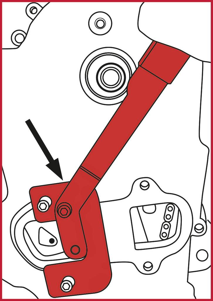 Czerwona dźwignia w urządzeniu mechanicznym wskazuje kierunek regulacji. Czarna strzałka oznacza punkt połączenia.