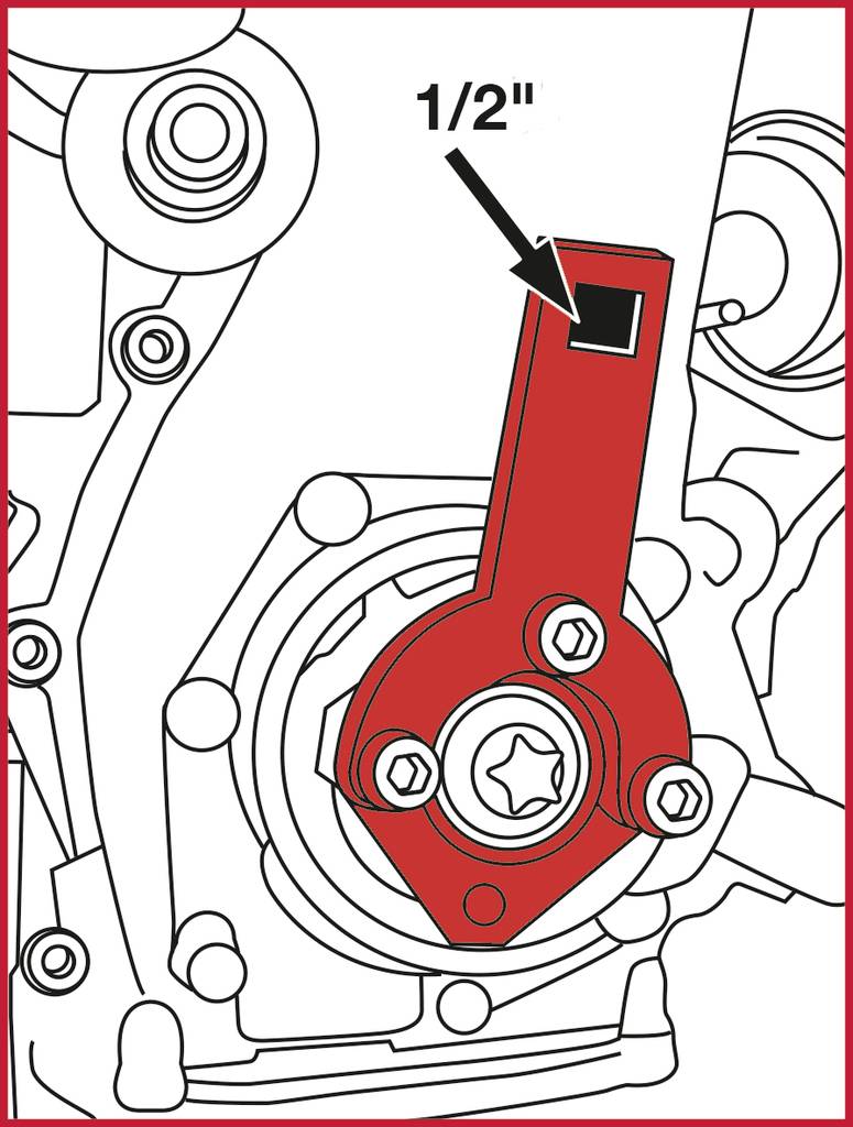 Rysunek techniczny narzędzia dopasowanego do śruby. Strzałka wskazuje na oznaczenie '1/2"' na narzędziu.