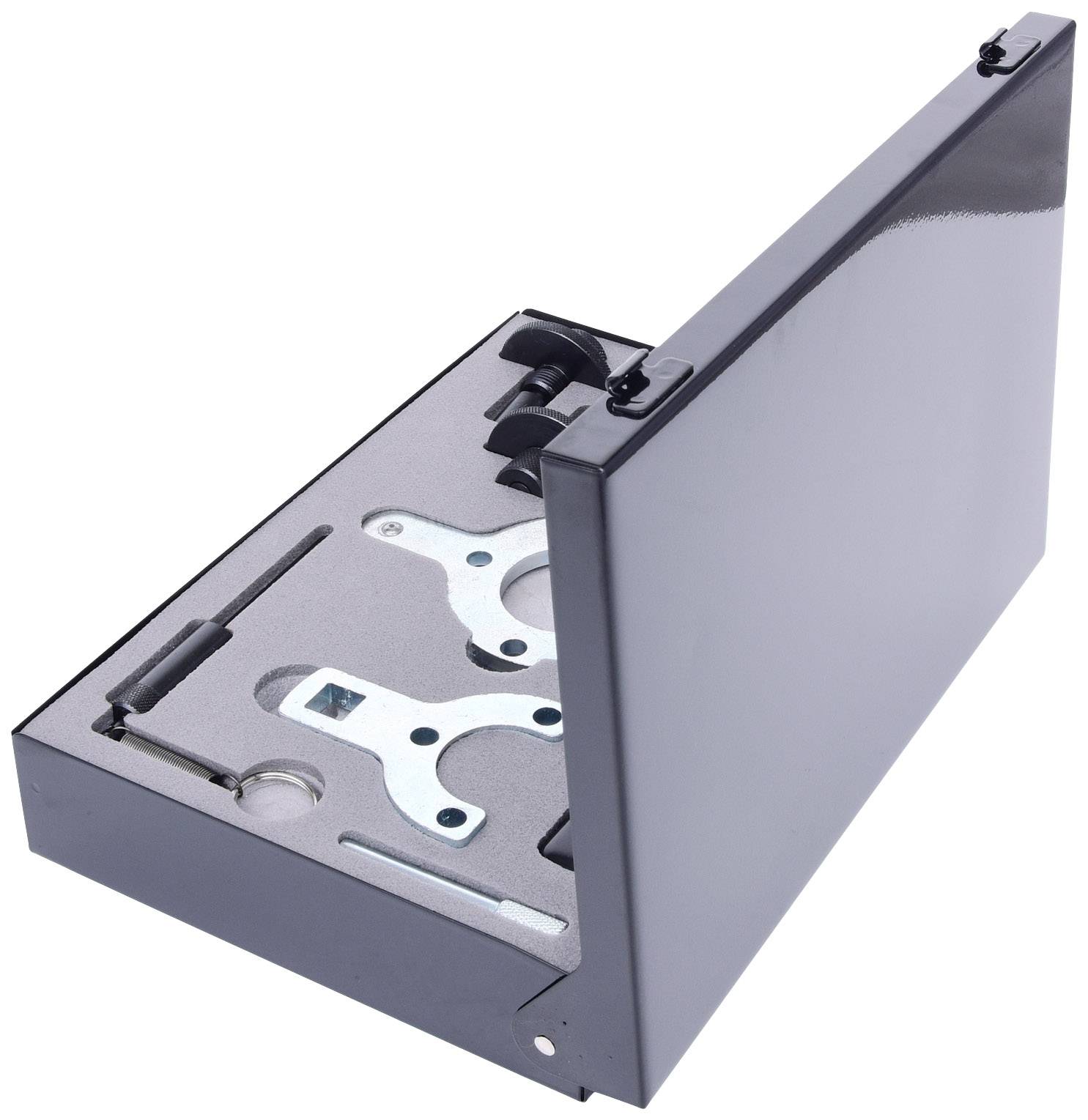 Skrzynka narzędziowa z dedykowanym wkładem do precyzyjnych części, w tym klucze i uchwyty montażowe. Pokrywa lekko uniesiona.