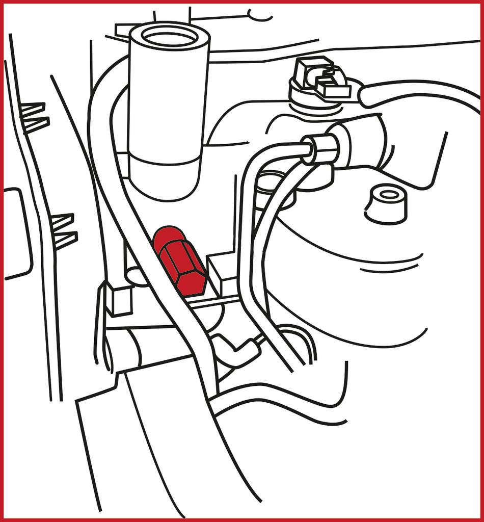 Liniowy rysunek przestrzeni silnika z wyróżnionym czerwonym elementem.