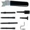 Zestaw sześciu czarnych narzędzi metalowych z uchwytem i mocowaniem, prawdopodobnie przeznaczonych do zastosowań mechanicznych lub rzemieślniczych.