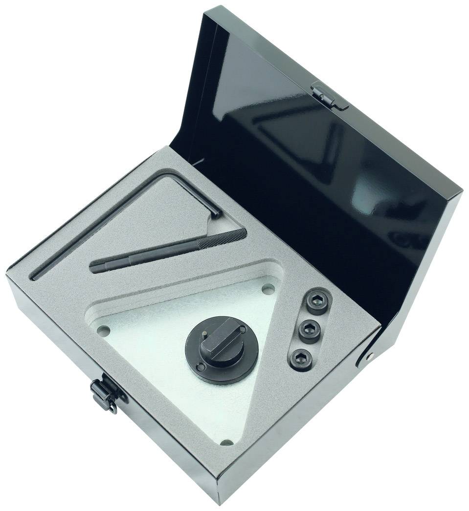 Otwarte metalowe pudełko z wkładką piankową, pokrętłem, narzędziem i przyciskami we wnętrzu.