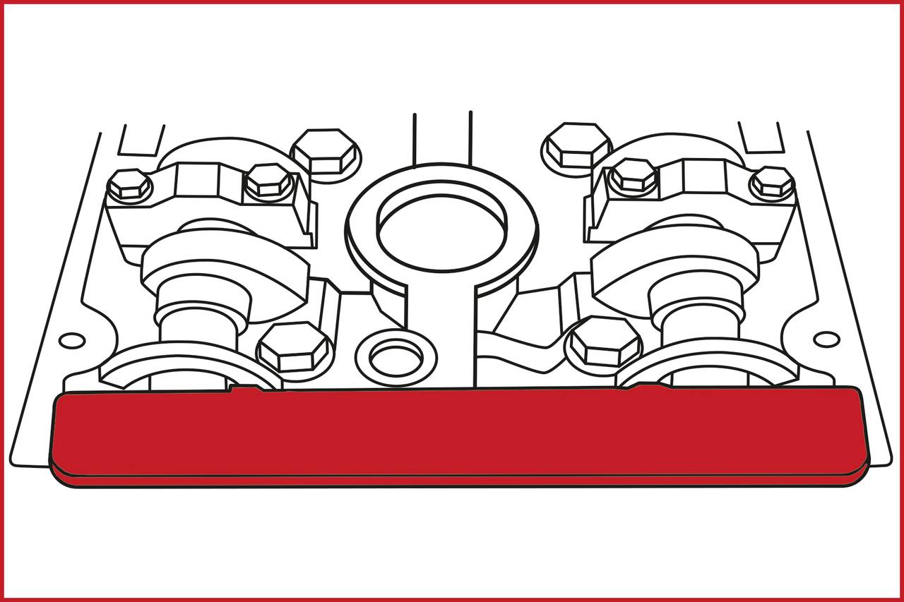 Schemat wału rozrządu i mechanizmu zaworowego z widocznymi kołami zębatymi i śrubami przedstawiający budowę silnika.
