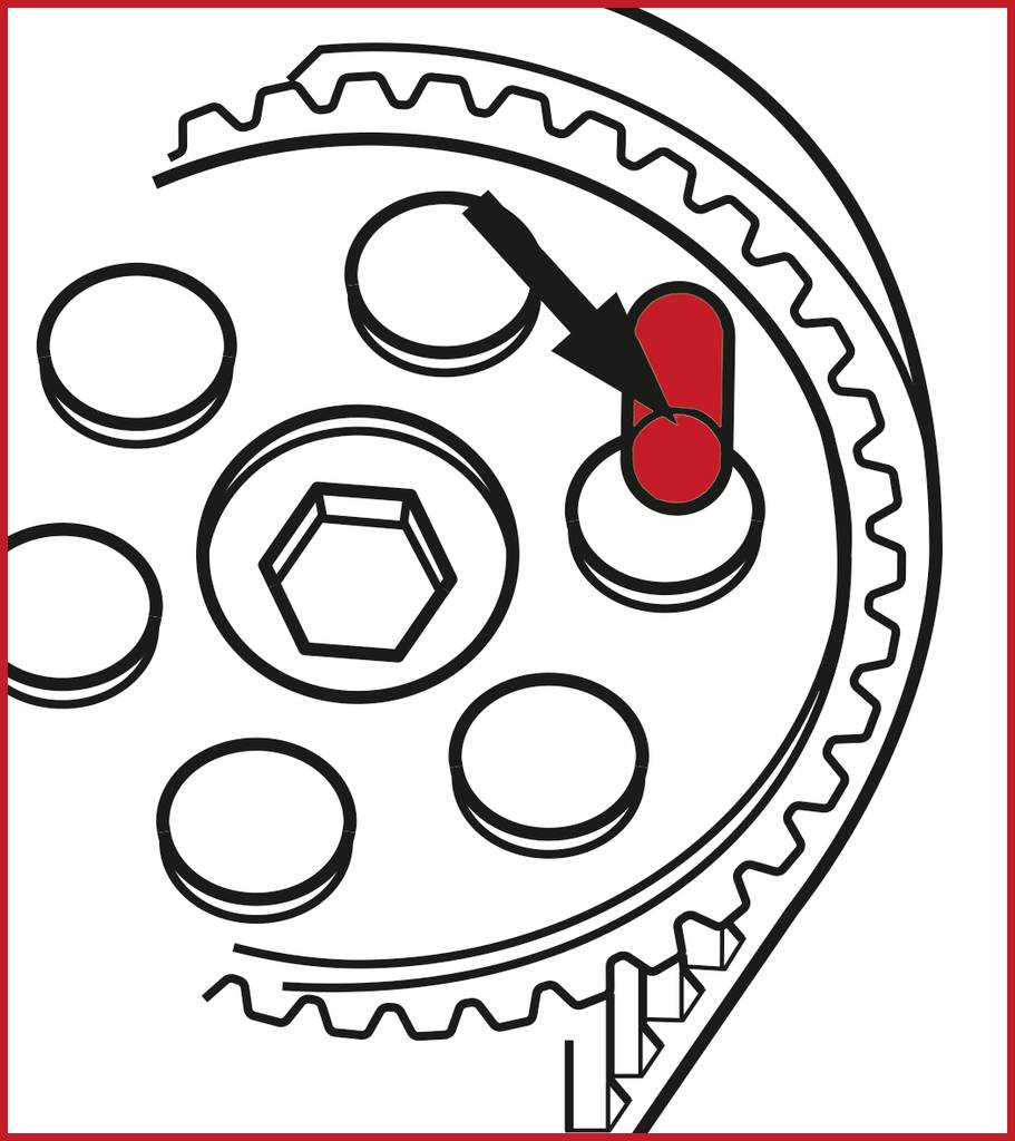 Ilustracja mechanizmu zębatego, gdzie czerwona część jest oznaczona strzałką.