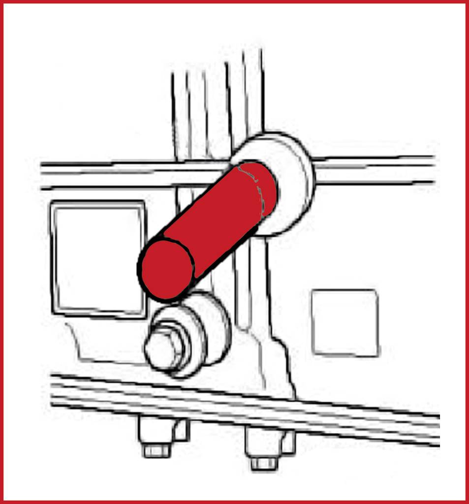 Diagram zaworu z czerwonym dźwignią pośrodku, który jest częścią systemu rurociągów. Dźwignia wskazuje w prawo.