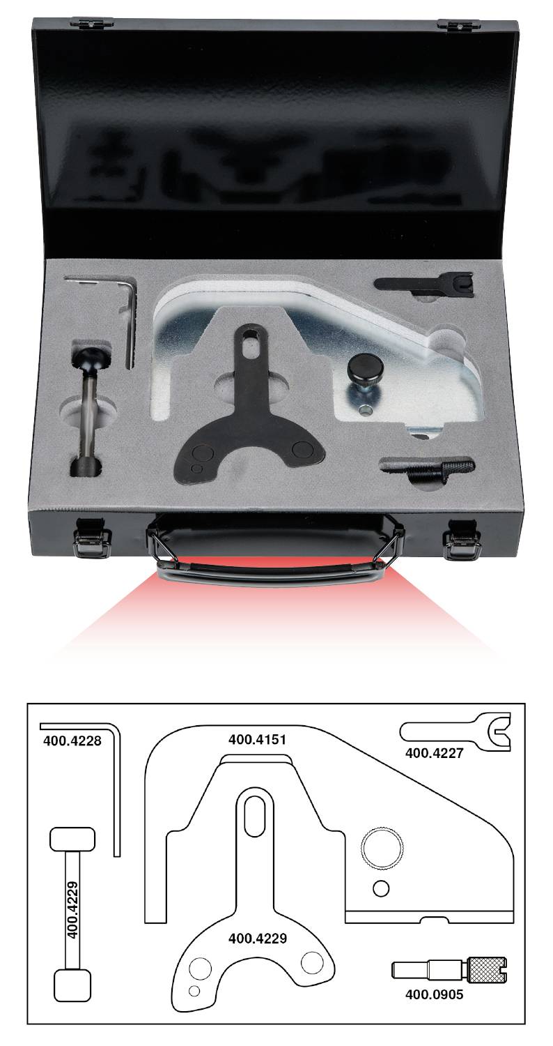 Otwarty kufer narzędziowy z wyspecjalizowanym sprzętem umieszczonym w warstwach pianki. Poniżej szkic rozmieszczenia narzędzi.