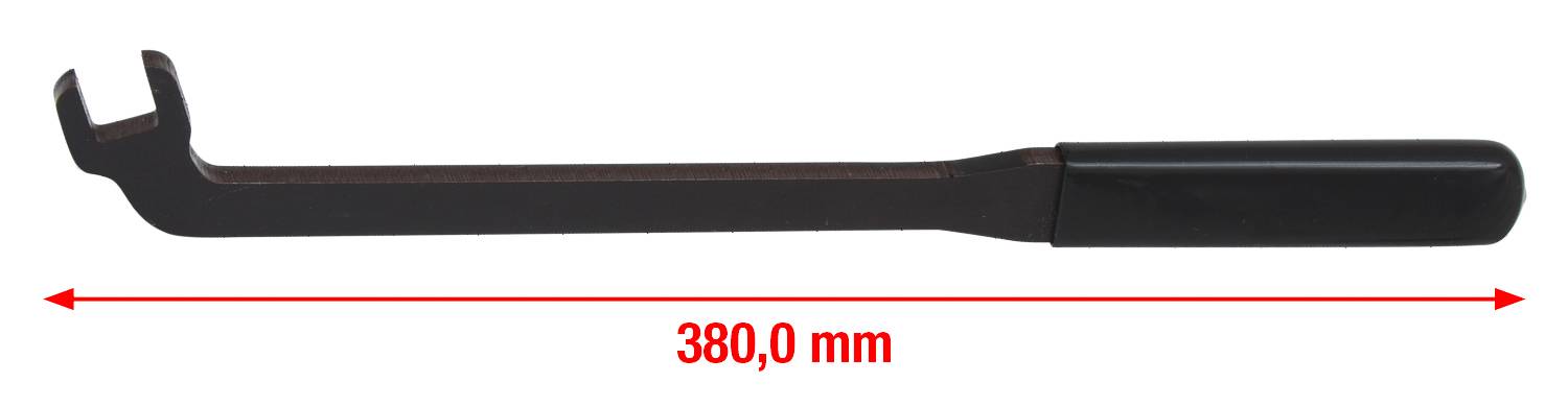 Długi klucz nastawny z rękojeścią i końcem w kształcie litery U, o długości 380,0 mm, przedstawiony za pomocą czerwonej podwójnej strzałki.