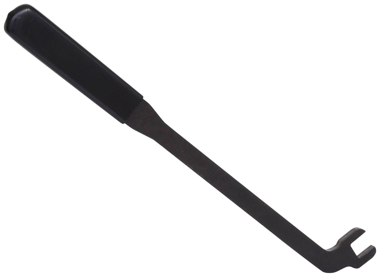 Czarne narzędzie z uchwytem i metalowym hakiem na końcu, służące do zdejmowania nakładek lub pokryw.