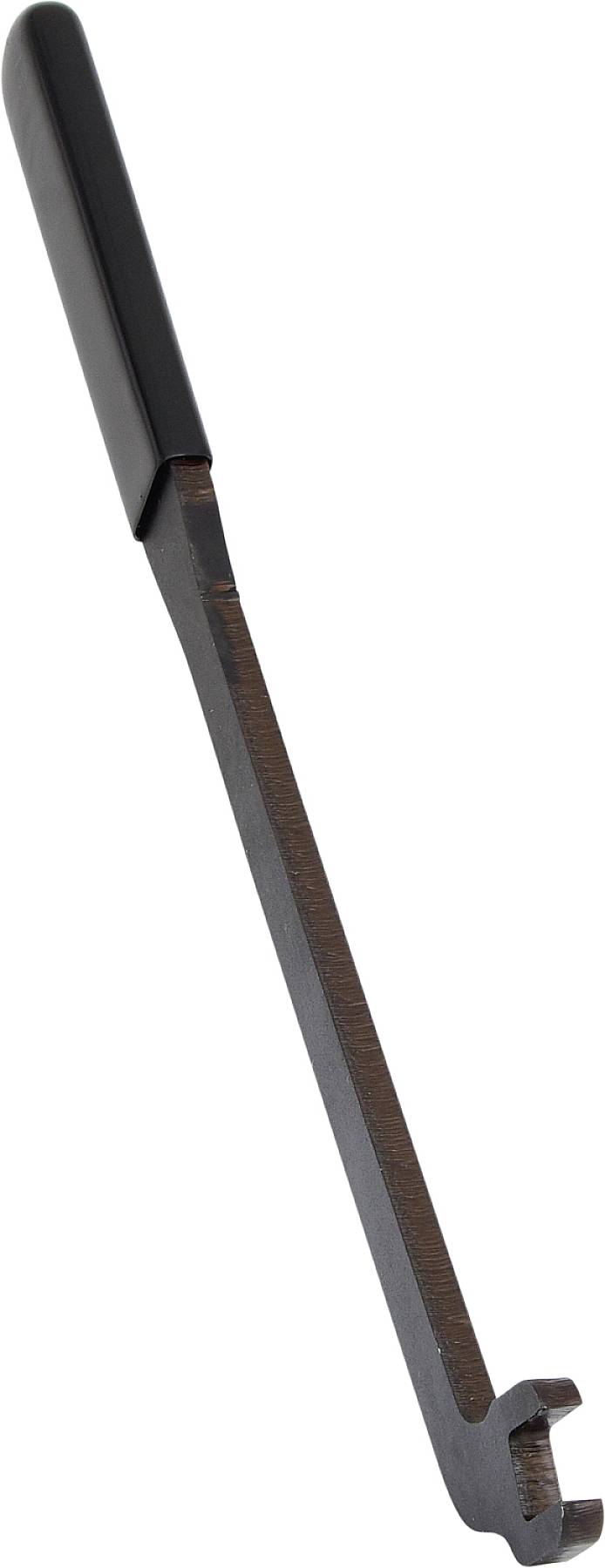 Wąski, długi metalowy klucz z czarnym uchwytem na jednym końcu i ząbkowanym końcem, używany do specjalnych zamków.