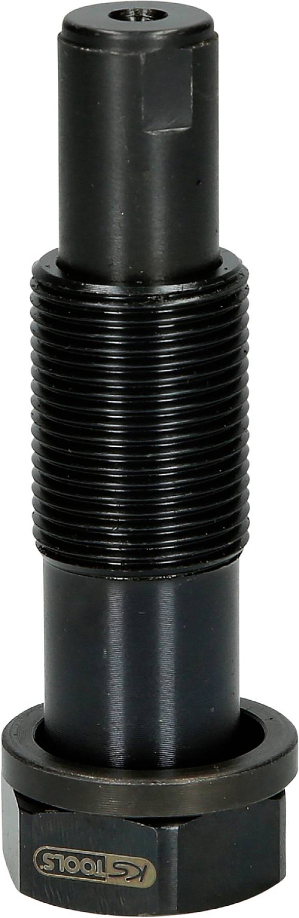 Czarny metalowy wiertarz z gwintem i sześciokątną podstawą, przeznaczony do precyzyjnych prac wiertniczych.