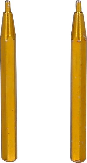 Dwie złote metalowe igły ułożone równolegle obok siebie na białym tle.