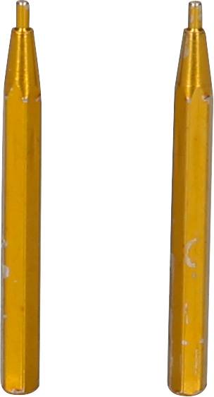 Dwa złote, cylindryczne metalowe pręty, stojące obok siebie na białym tle.