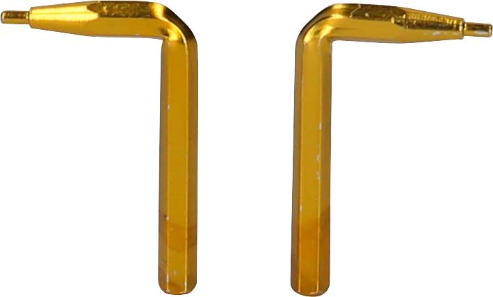 Dwa złote przedmioty w kształcie litery L, prawdopodobnie końcówki narzędzi lub adaptery, leżą obok siebie na białym tle.