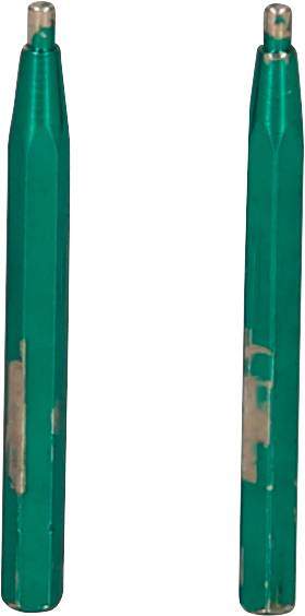 Dwa zielone, metalowe pręty stojące pionowo obok siebie, prawdopodobnie elementy narzędzi lub części zamienne.