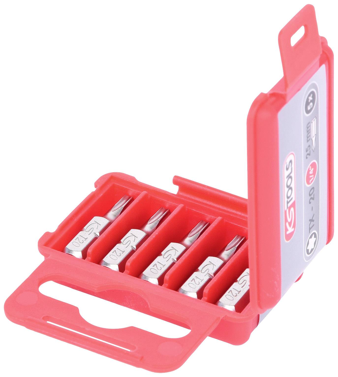 Czerwone plastikowe pudełko z otwartą pokrywką, zawierające cztery końcówki wkrętaków, rozmieszczone symetrycznie.