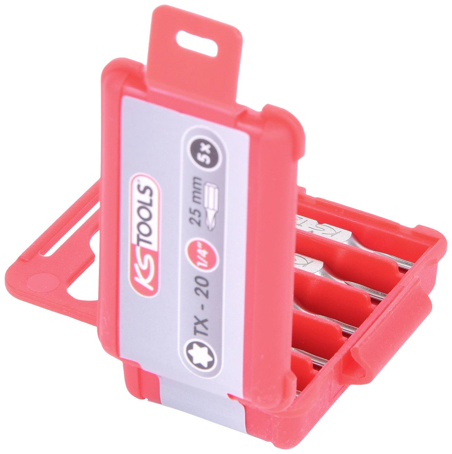 Czerwony plastikowy pojemnik z przezroczystą pokrywką, ujawniający trzy bity do wkrętaka. Napis: 'KS Tools', '5x', 'TX-20', '25 mm'.