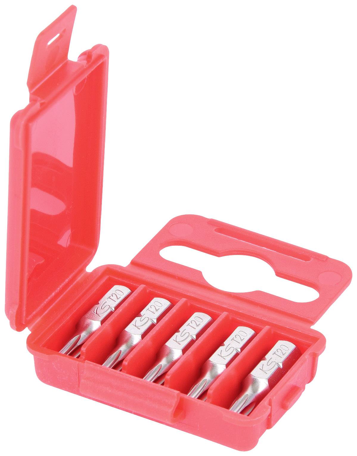 Czerwone plastikowe etui z otwartą klapką, zawierające cztery srebrne końcówki wkrętakowe ułożone symetrycznie obok siebie.