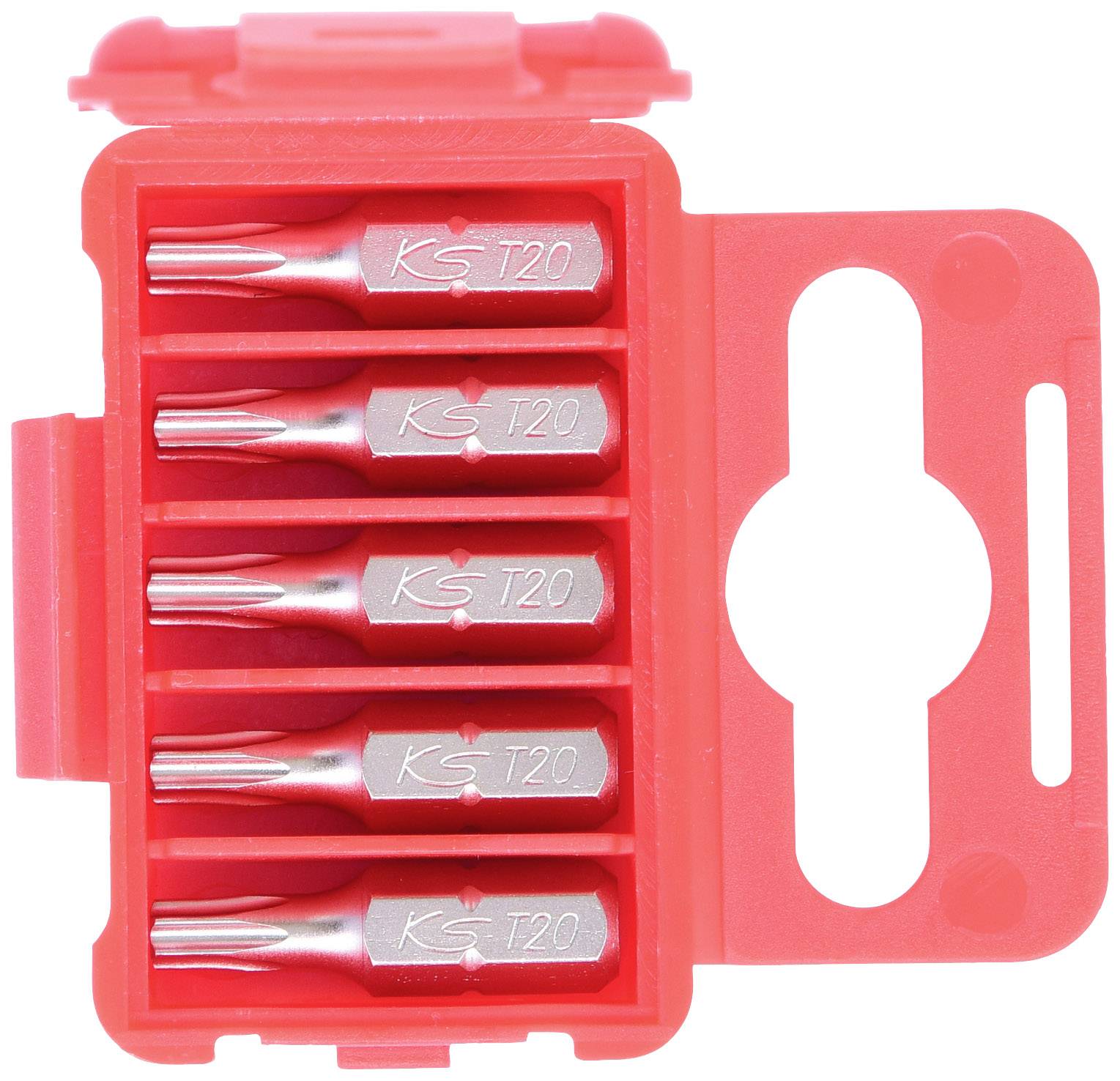 Czerwona obudowa z pięcioma grotami Torx T20, ułożonymi w przezroczystym schowku, zapewniającym bezpieczne przechowywanie i łatwy dostęp.