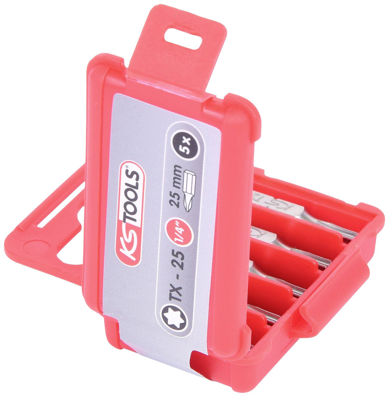 Czerwone plastikowe etui z pięcioma bitami Torx firmy KS Tools. Napis na etykiecie: 'TX - 25 1/4" 25 mm, 5x'.