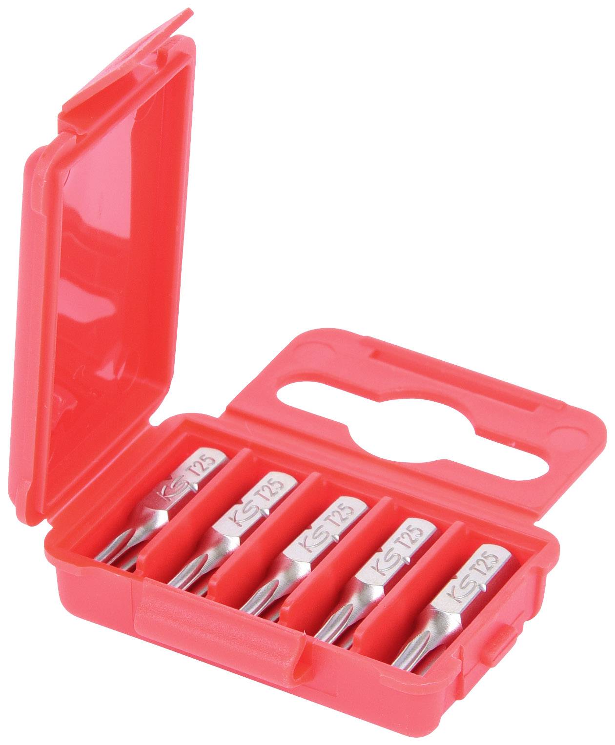 Czerwone plastikowe etui z czterema srebrnymi końcówkami do wkrętaka. Etui jest otwarte, a końcówki ułożone są obok siebie.