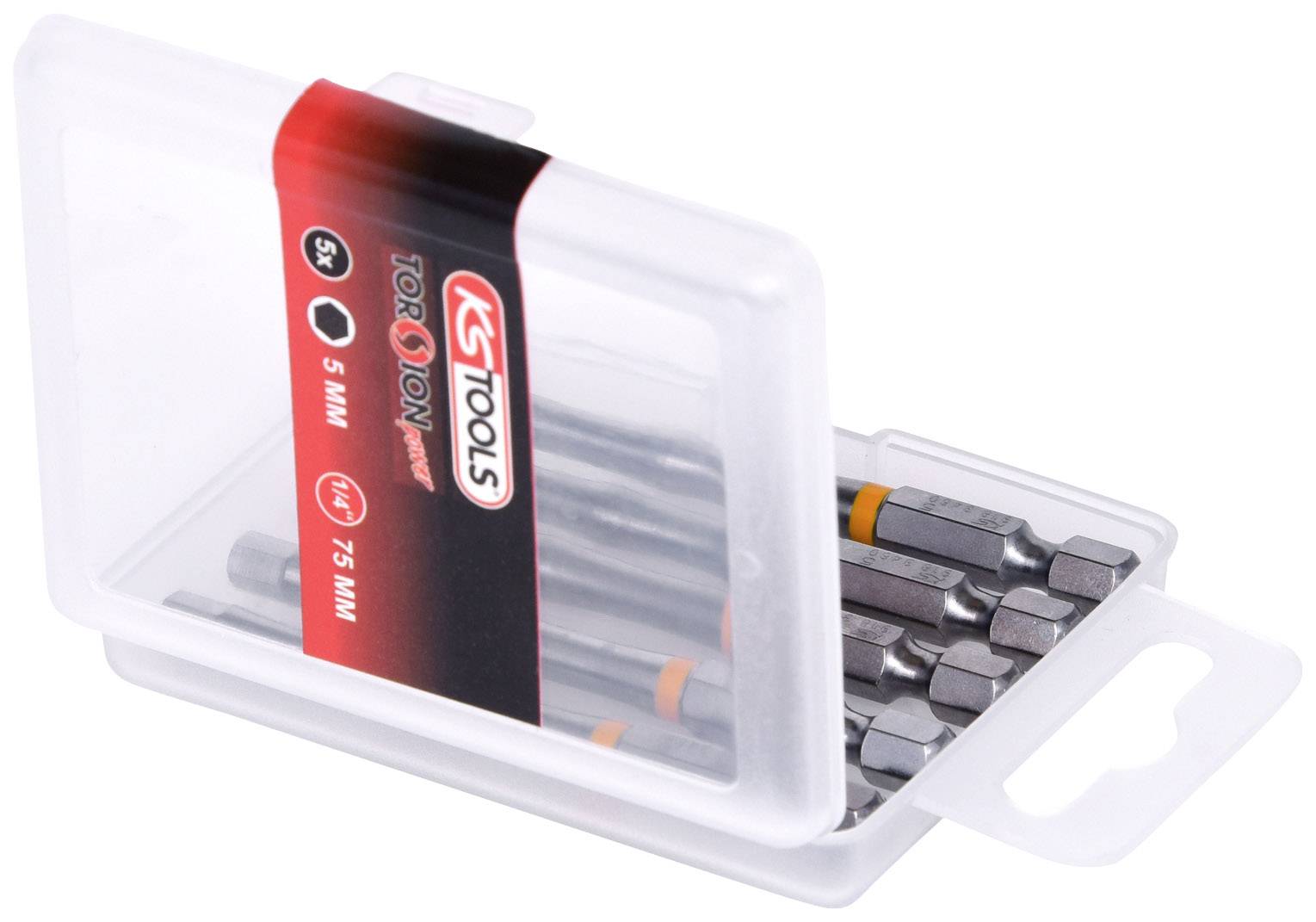 Otwarty plastikowy pojemnik z kilkoma wkładkami do wkrętaków. Etykieta na pudełku wskazuje 'KS Tools Torsion' oraz rozmiar (5 x 75 mm).