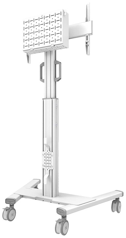 Mobilny, regulowany na wysokość uchwyt do urządzeń medycznych z solidną metalową ramą i czterema kółkami zapewniającymi dużą swobodę poruszania się.