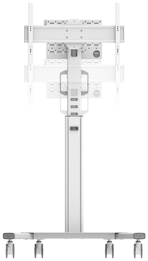 Biały, jezdny stojak na telewizor z regulowanymi uchwytami do mocowania ekranu. Odpowiedni do prezentacji i użytku mobilnego.