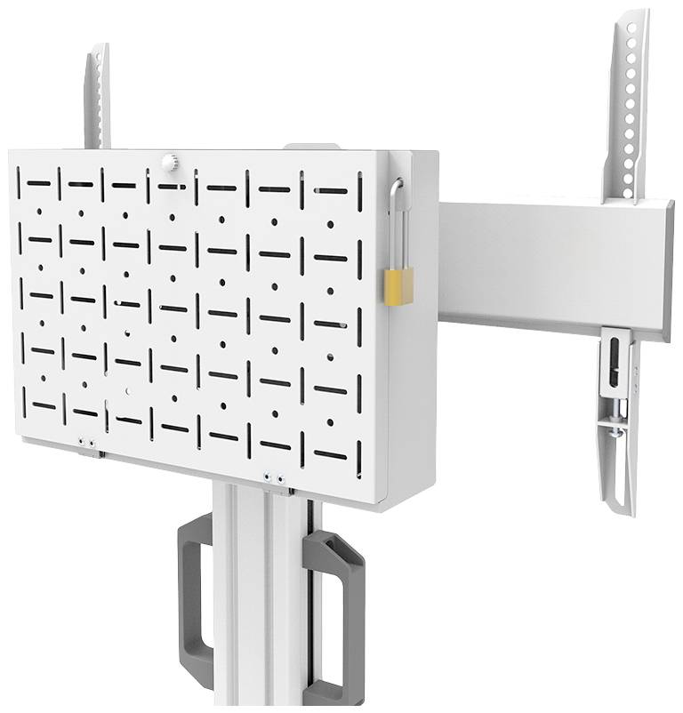 System mocowania wyświetlaczy z elastycznym ramieniem montażowym i perforowaną płytą do przechowywania narzędzi.