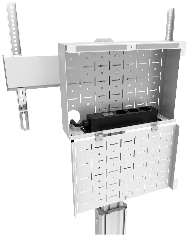 Metalowa skrzynka z otwartymi drzwiczkami, zamontowana na słupie, zawierająca listwę zasilającą. Odpowiednia do zarządzania kablami lub dystrybucji energii elektrycznej.