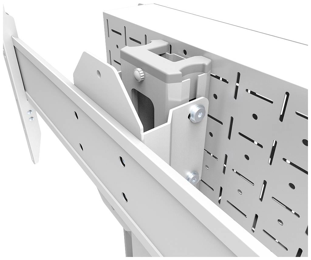 Białe metalowe elementy konstrukcyjne z uchwytem i śrubami, przedstawione w kontekście technicznym.