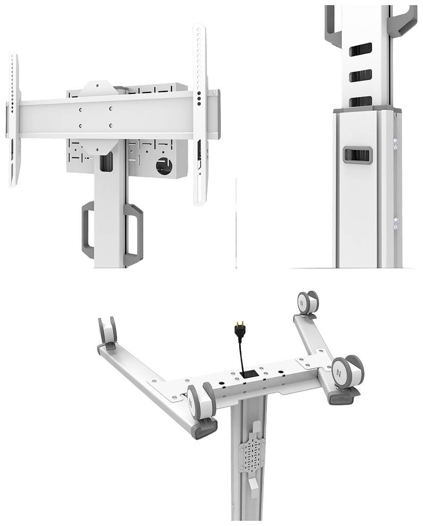Uchwyt ścienny do telewizora w kolorze białym z regulowanymi ramionami i systemem zarządzania kablami. Nadaje się do płaskich ekranów, zapewniając łatwą instalację.