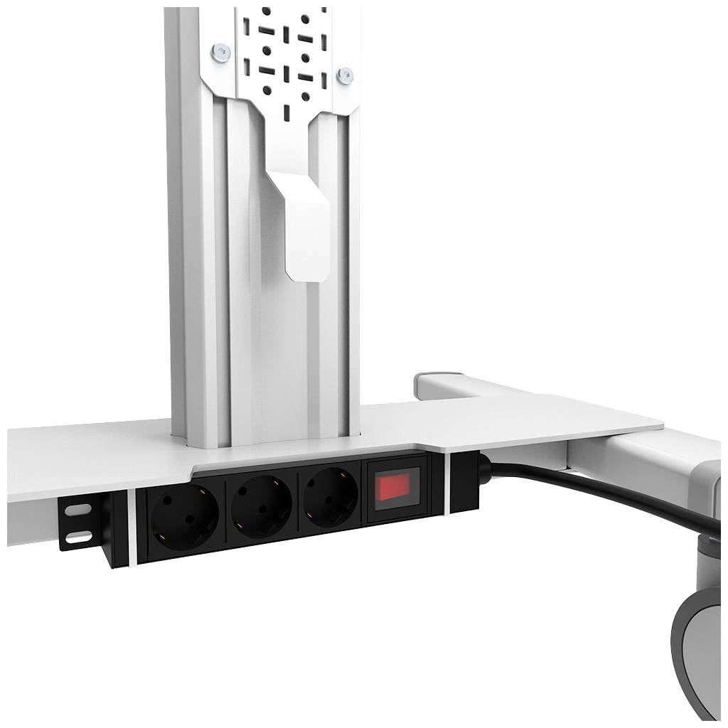 System zarządzania kablami z dwiema czarnymi gniazdkami i czerwonym przełącznikiem, zamontowany na aluminiowym wsporniku.