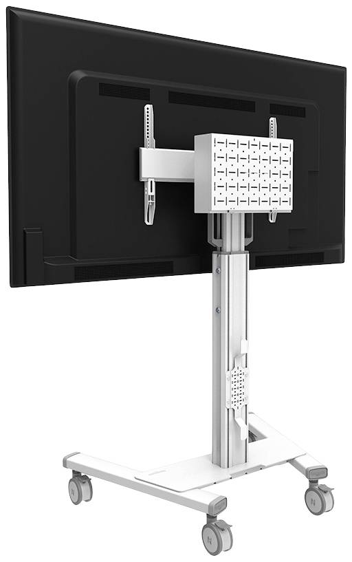 Stojak mobilny z dużym monitorem, widok z tyłu. Metalowy stojak jest wyposażony w kółka dla zapewnienia mobilności oraz regulowaną podstawę mocującą.